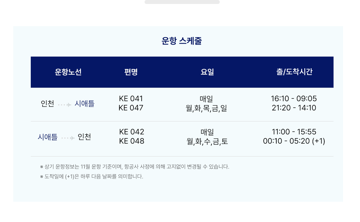 인천–시애틀 대한항공 운항 스케줄